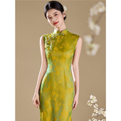 旗袍修身 绿色无袖 复古风显白收腰高端气质连衣裙日常 新中式 春夏季