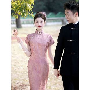 芳许新中式全开襟桑蚕丝粉色旗袍夏高端大气订婚礼服新娘敬酒