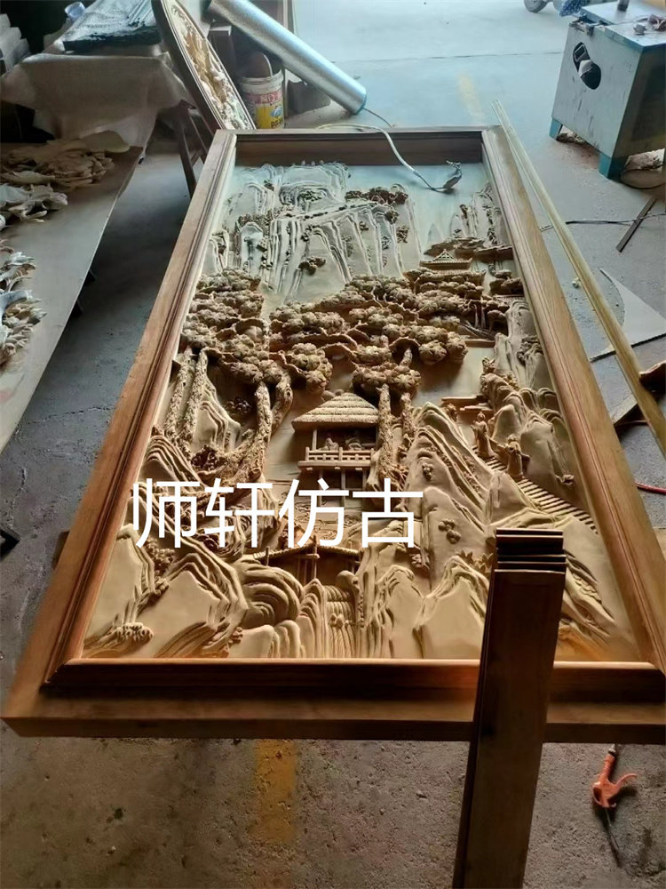 东阳木雕中式背景墙横屏挂件挂屏椴木山水人家手工雕刻深雕定制