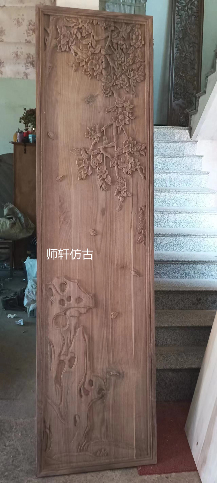 东阳木雕北美黑胡桃实木雕花板手工浮雕通花板玄关隔断背景墙定制
