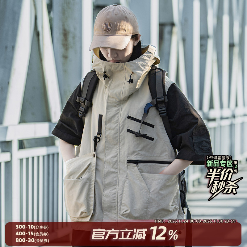 AOGZ工装多口袋马甲男女夏季美式高街设计感机能口袋连帽无袖背心