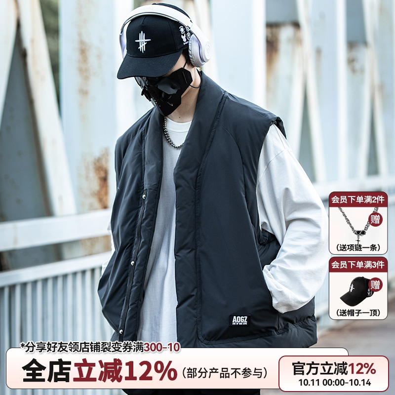 AOGZ国潮牌羽绒棉马甲男女秋冬季新款复古坎肩道袍情侣装马夹外套