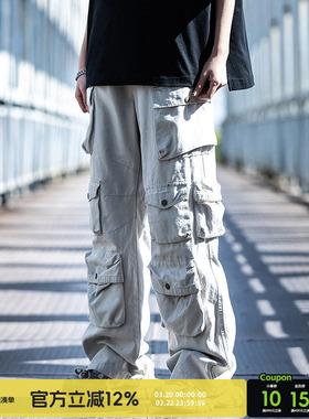 AOGZ国潮牌直筒裤子男款秋冬季多口袋长裤美式阔腿裤机能风工装裤