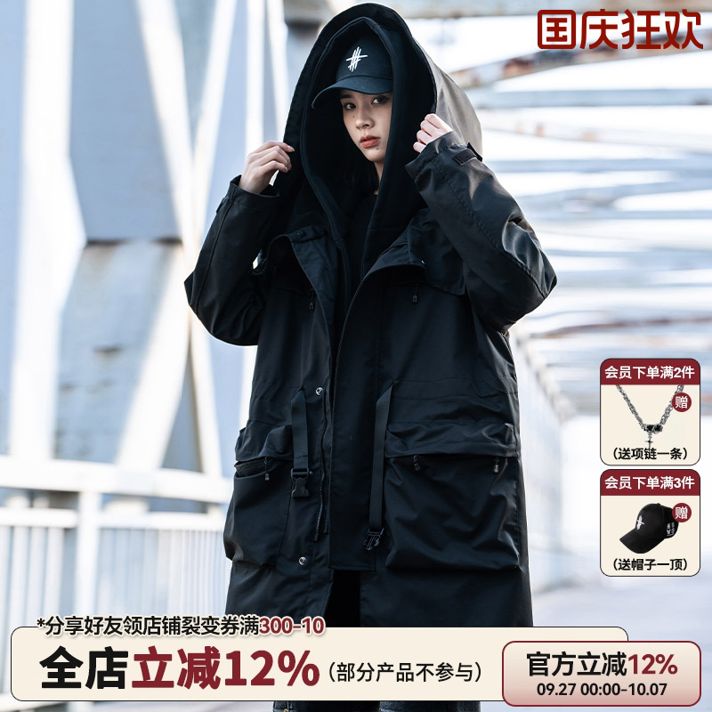 AOGZ国潮牌中长款假两件风衣男女秋冬季新款大衣情侣斗篷工装外套