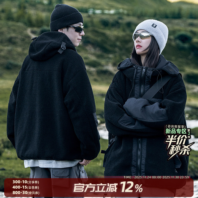 AOGZ工装外套男女秋冬2025新款加绒加厚夹克宽松仿羊羔绒秋冬棉服