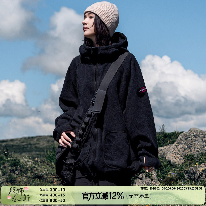 AOGZ潮牌摇粒绒工装外套男女2025新款加绒夹克秋冬季棉服连帽开衫