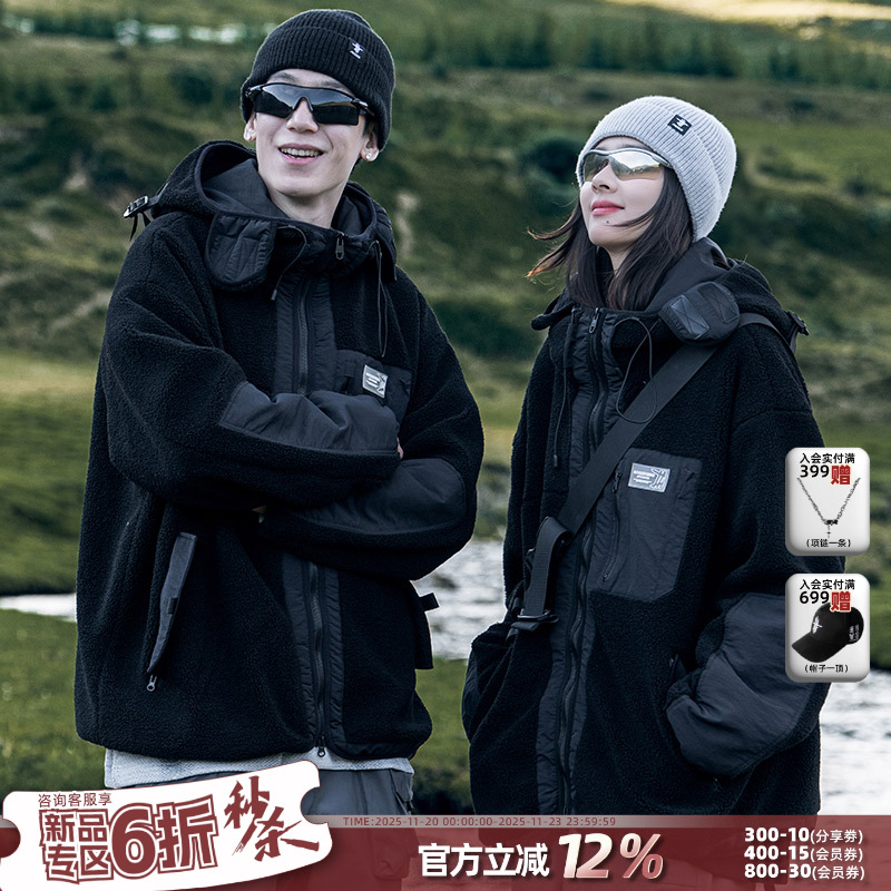 AOGZ国潮工装外套男女秋冬2025新款加绒加厚夹克情侣仿羊羔绒棉服