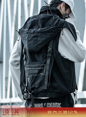 AOGZ国潮牌机能风马甲外套男春秋新款连帽多口袋坎肩工装战术背心