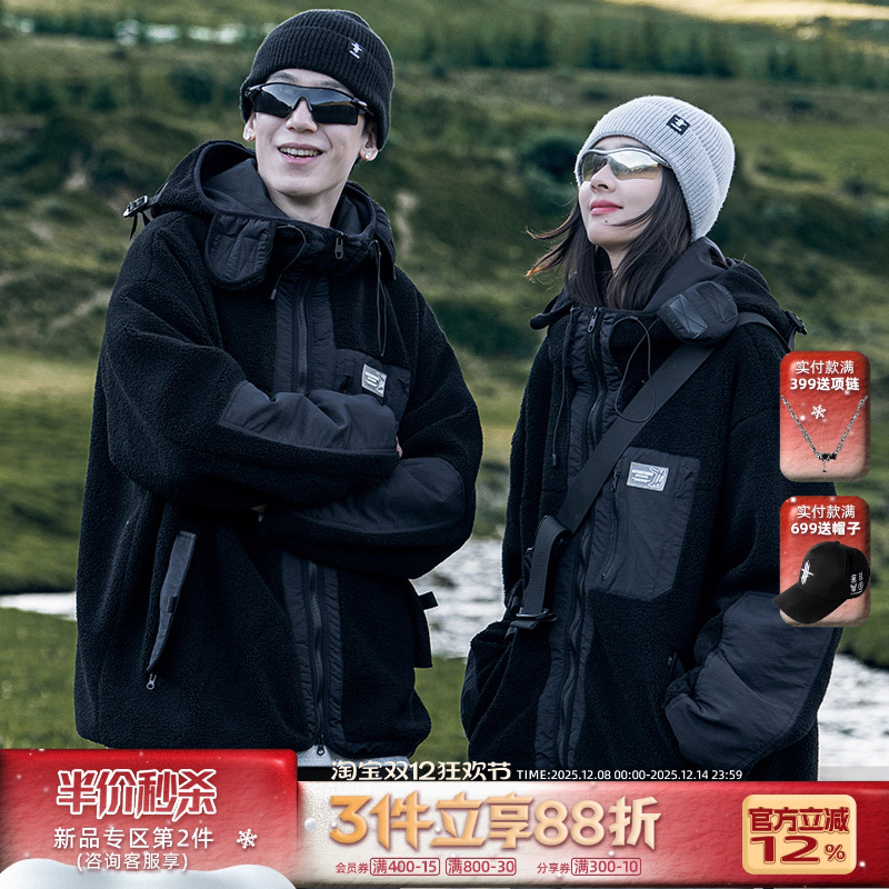 AOGZ国潮工装外套男女秋冬2025新款加绒加厚夹克情侣仿羊羔绒棉服