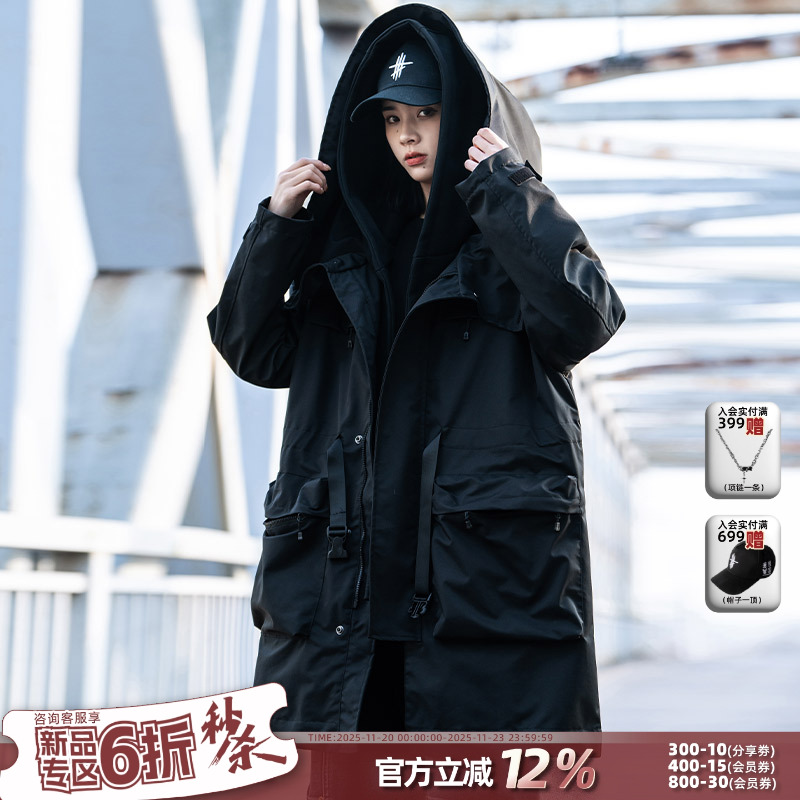 AOGZ国潮牌中长款假两件风衣男女秋冬季新款大衣情侣斗篷工装外套