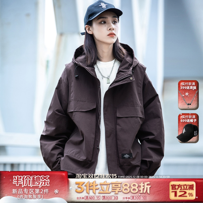 AOGZ工装夹克男生春秋季2025新款百搭潮牌穿搭假两件冲锋衣外套女