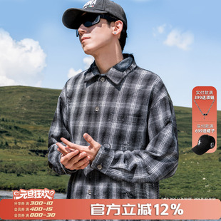 蓝色休闲潮免烫抗皱黑 高级感痞帅格子衬衣2025新款 AOGZ衬衫 男长袖