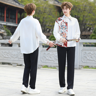 新款新中式男青年国风复古提花衬衣汉元素国潮刺绣上衣休闲裤套装