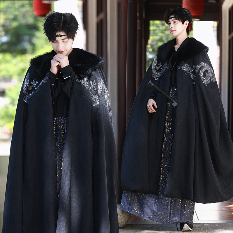 秋冬新款男装毛领加厚长款汉服外套霸气龙纹绣花黑色披风古风斗篷