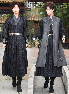 新款传统男直袖汉服国风印花烫金黑色飞鱼服马甲锦衣卫表演服