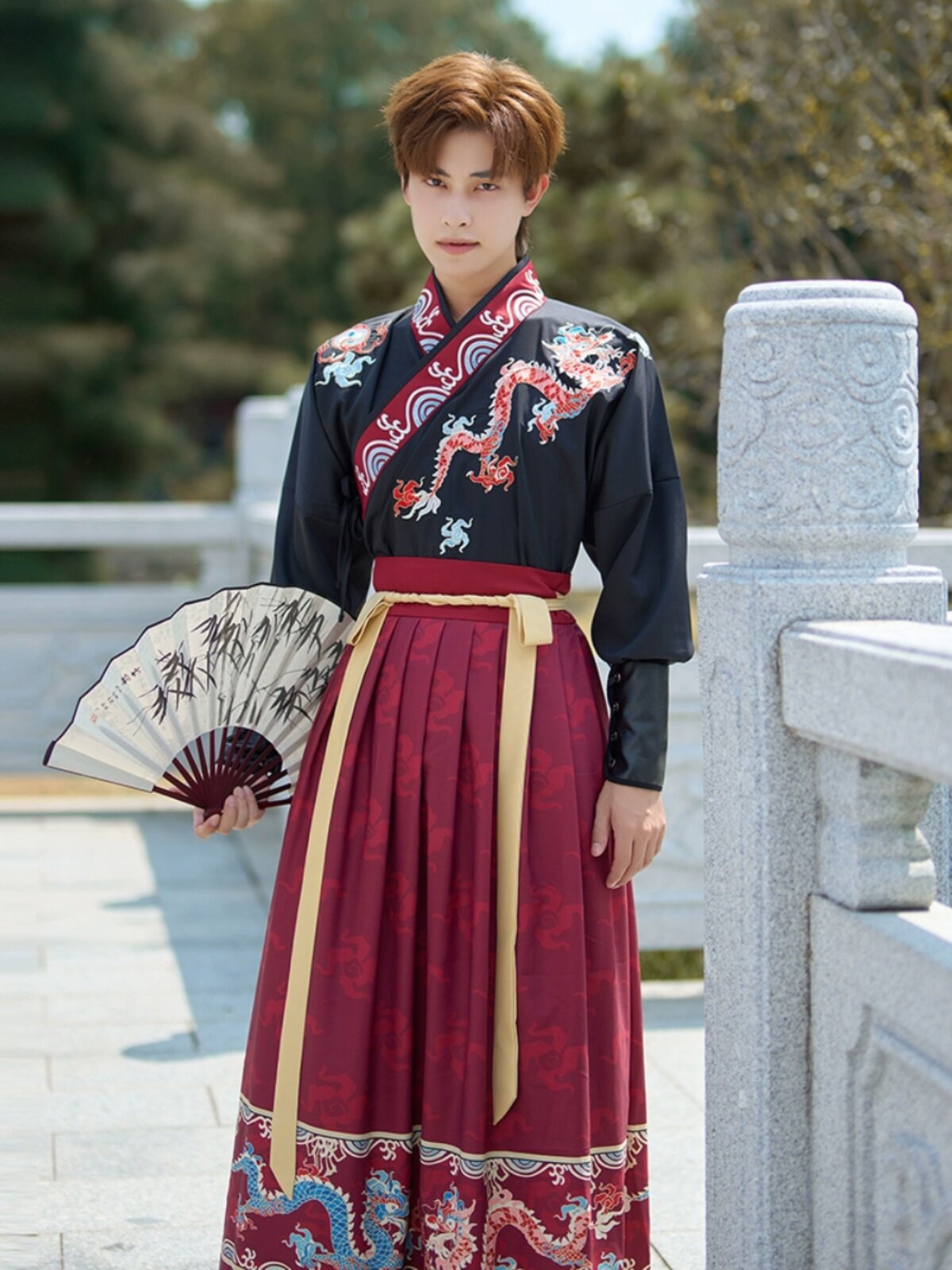 2024 봄 새로운 원본 수 놓은 HANFU 무술 스타일 비-고대 의상 우아하고 잘 생긴 커플 CP 복장