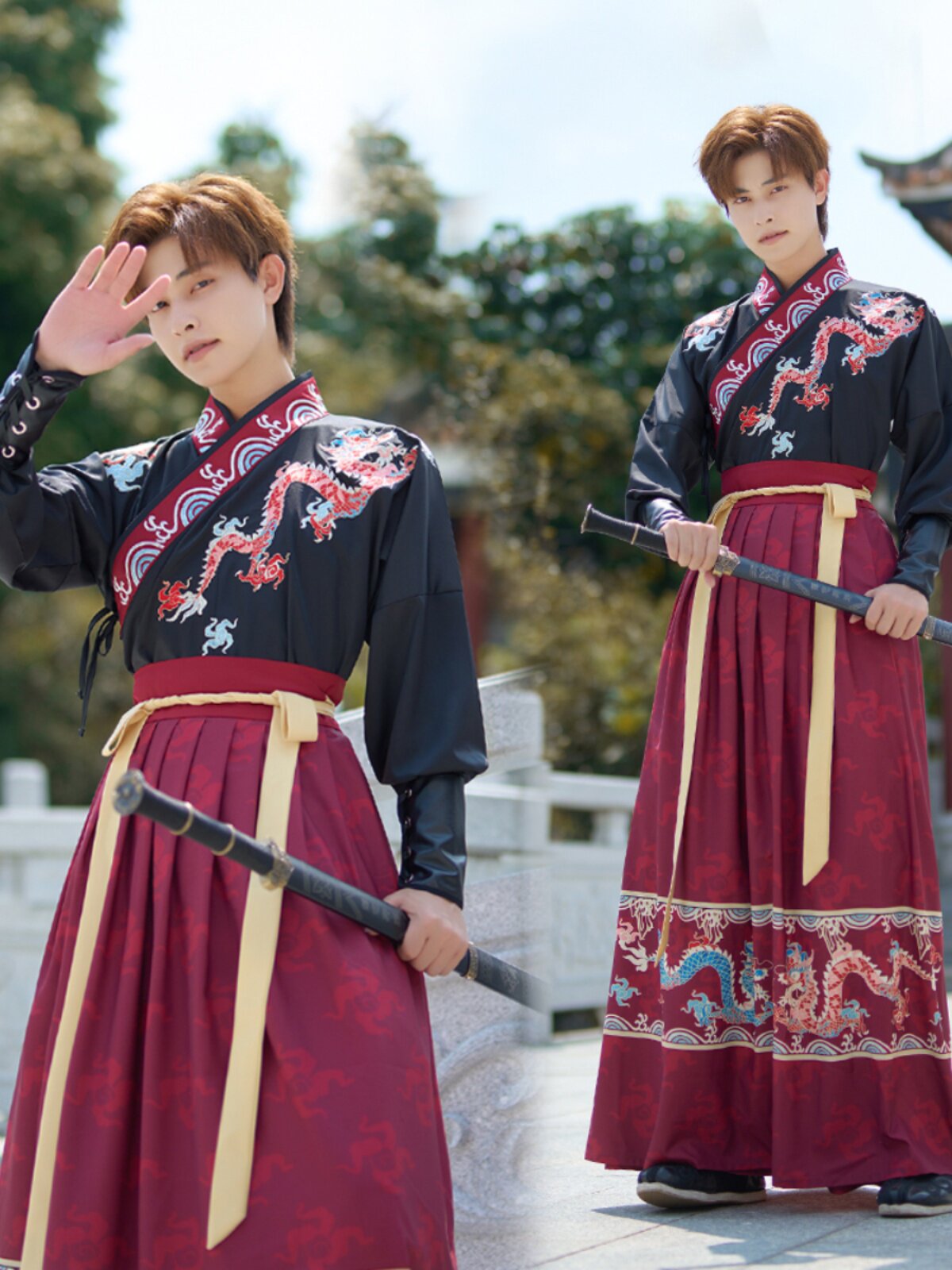 2024 봄 새로운 원본 수 놓은 HANFU 무술 스타일 비-고대 의상 우아하고 잘 생긴 커플 CP 복장