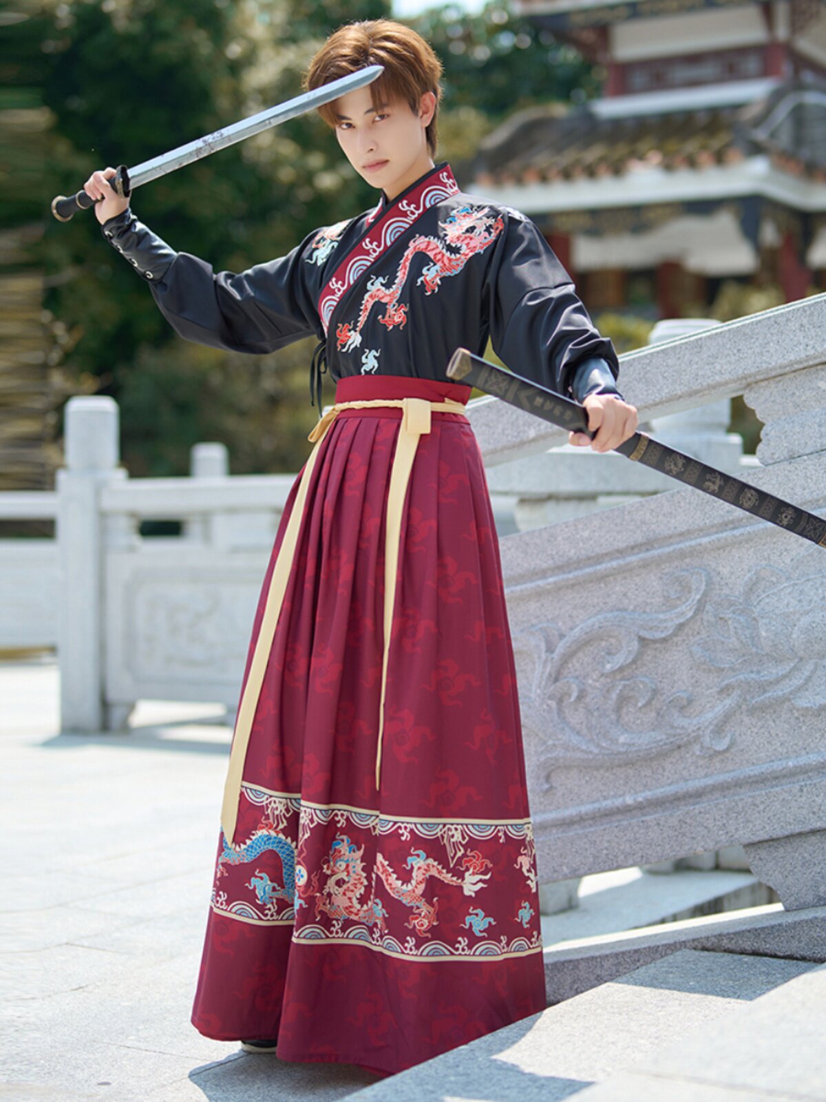 2024 봄 새로운 원본 수 놓은 HANFU 무술 스타일 비-고대 의상 우아하고 잘 생긴 커플 CP 복장