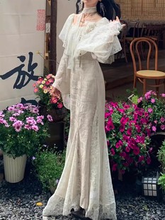 山野的雾素弦原创新中式仙气古风蕾丝广袖清冷感春夏连衣裙