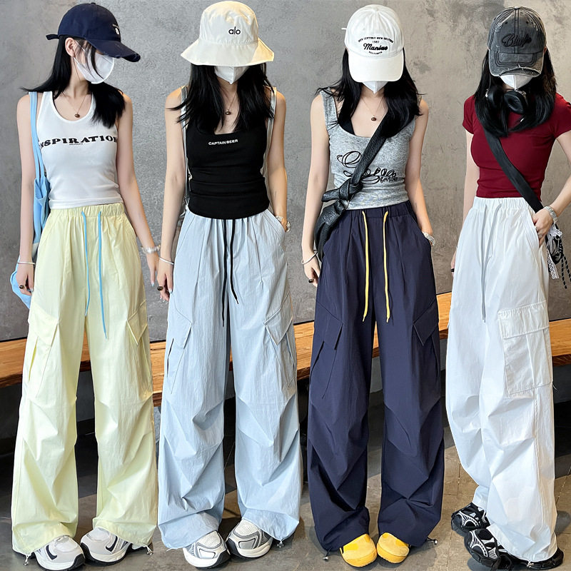 大口袋速干工装裤女2025夏薄糖果撞色冰丝伞兵户外美式休闲运动裤