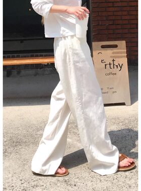 白色棉麻裤子女夏季薄款日系慵懒垂感休闲直筒拖地长裤亚麻阔腿裤