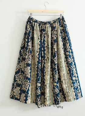 日系图腾纯棉印花松紧腰半裙度假风异域情调小众女士碎花名族风