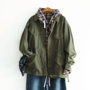 美式 夹克外套军绿色重工多口袋风衣短外套 复古工装