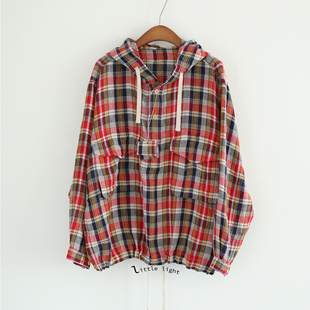 日系廓形格纹亚麻连帽宽松上衣外套休闲女士衬衫外套