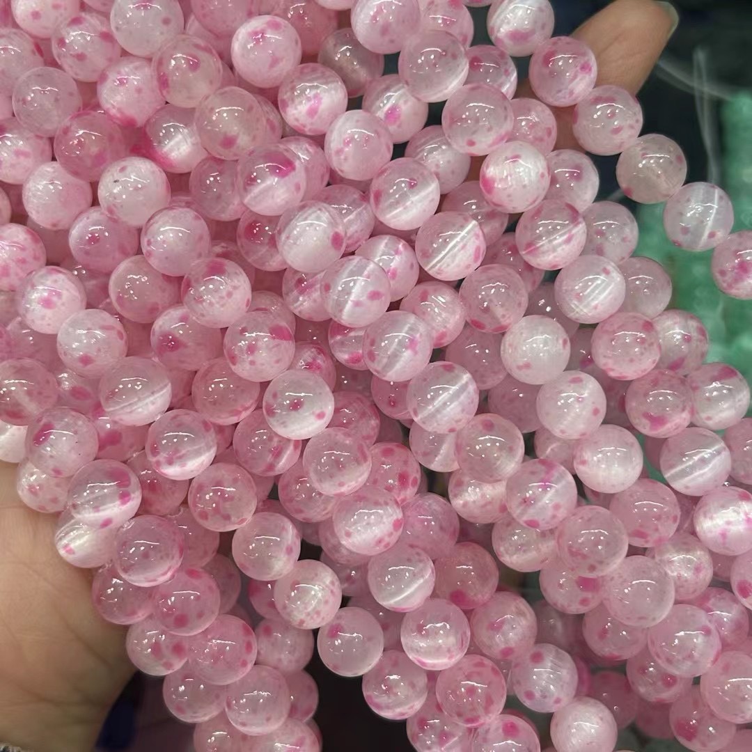 新货天然猫眼石膏石散珠樱花粉/绿散珠半成品圆珠Diy项链手链配珠
