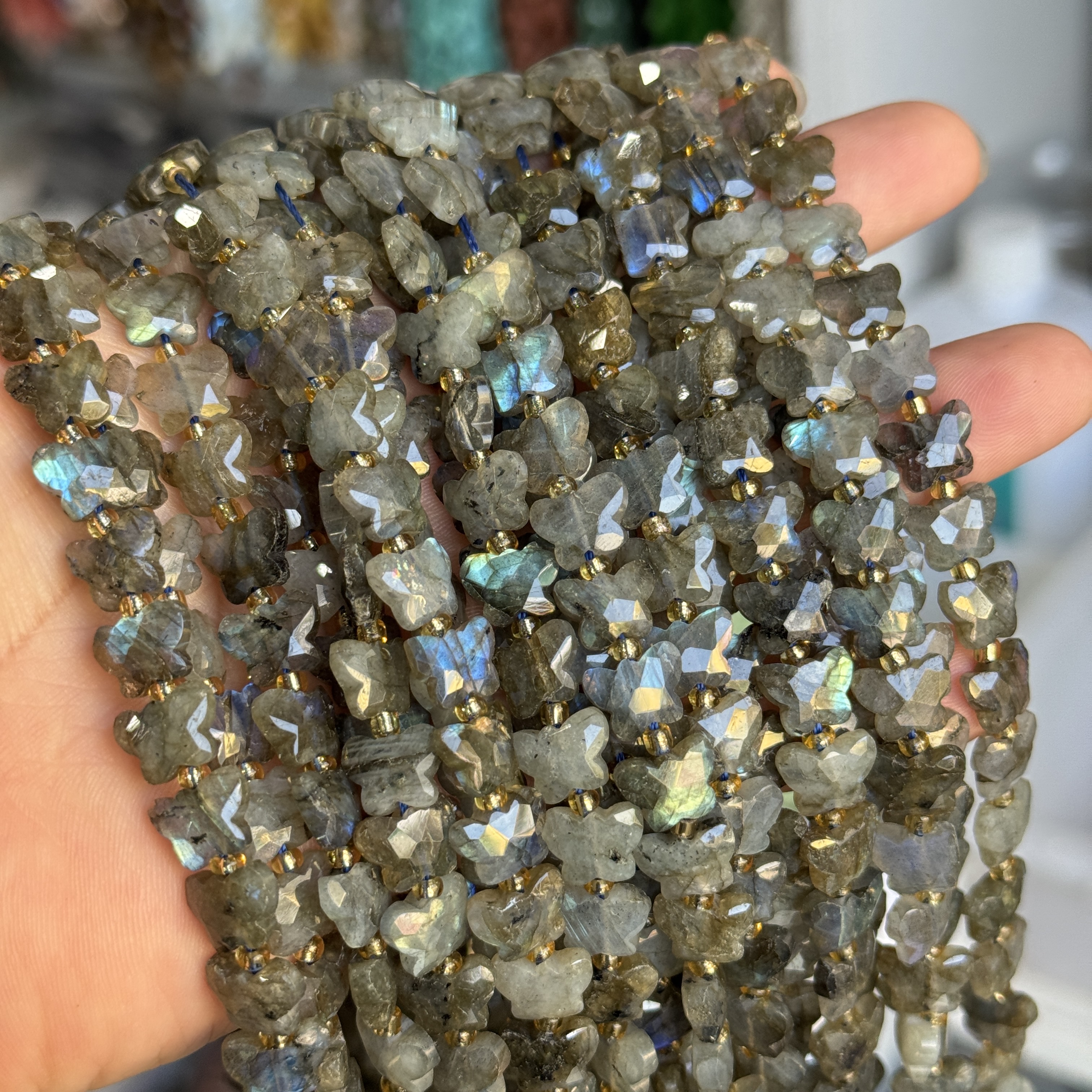 42颗/10*7mm天然石拉长石灰月光散珠半成品Diy项链手链配珠串珠