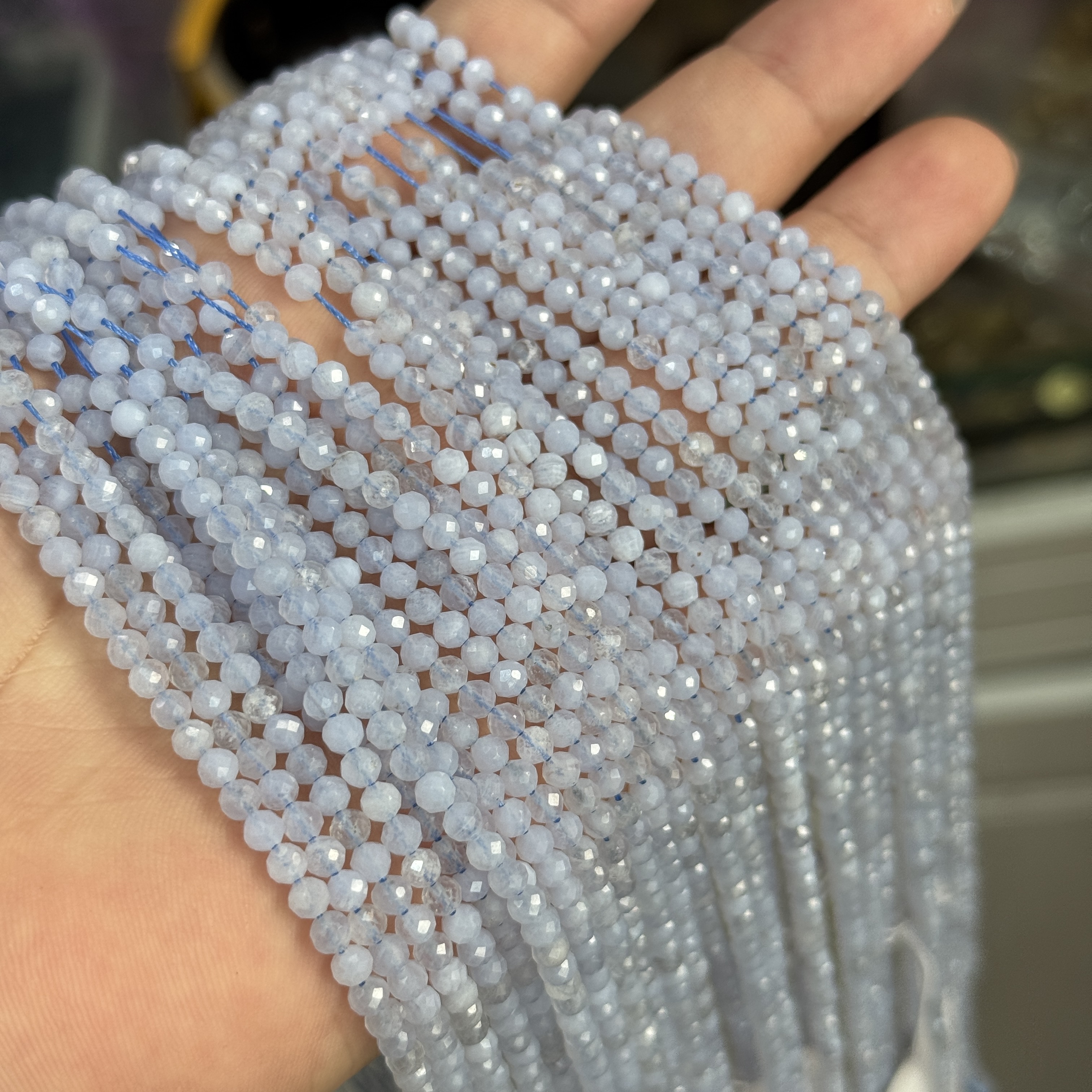 蓝色蓝纹玛瑙3毫米圆珠DIY项链