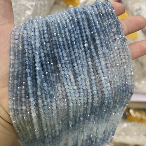 好看的3mm渐变海蓝宝切面圆珠散珠半成品一条38厘米diy项链手链