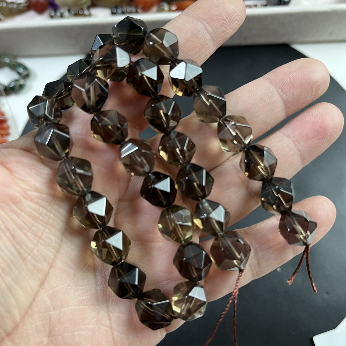 12mm天然切面茶晶水晶散珠半成品手工串珠半成品36厘米长31颗