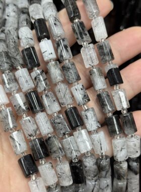 约7*12mm天然黑发晶多棱管珠散珠半成品Diy项链手链配珠