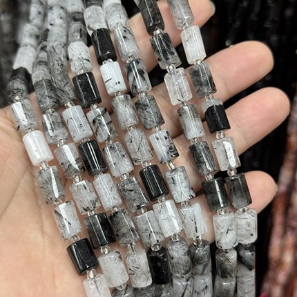 约7*12mm天然黑发晶多棱管珠散珠半成品Diy项链手链配珠