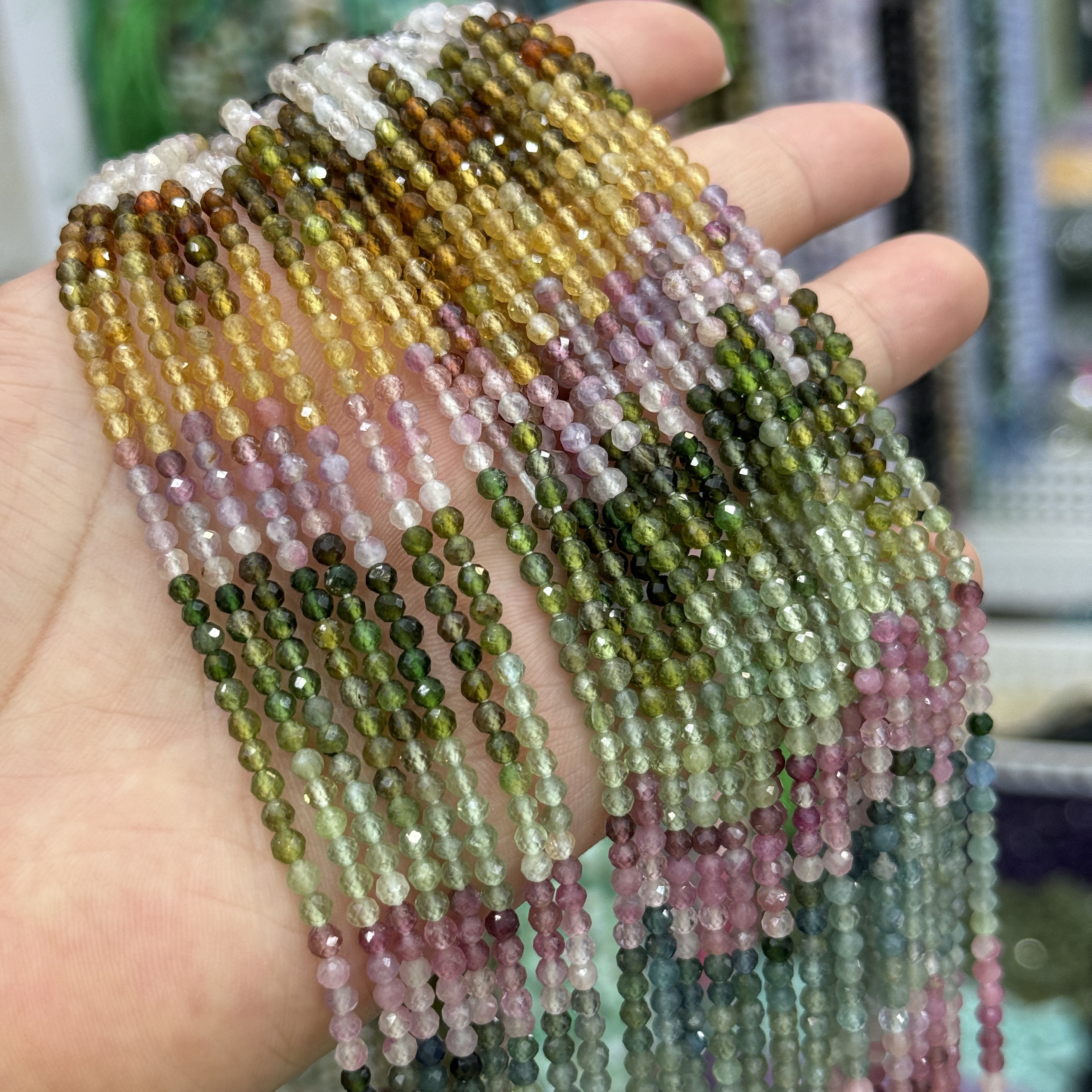 3Mm渐变天然刻面碧玺圆珠半成品 配色绝 成色好DIY项链手链隔配珠