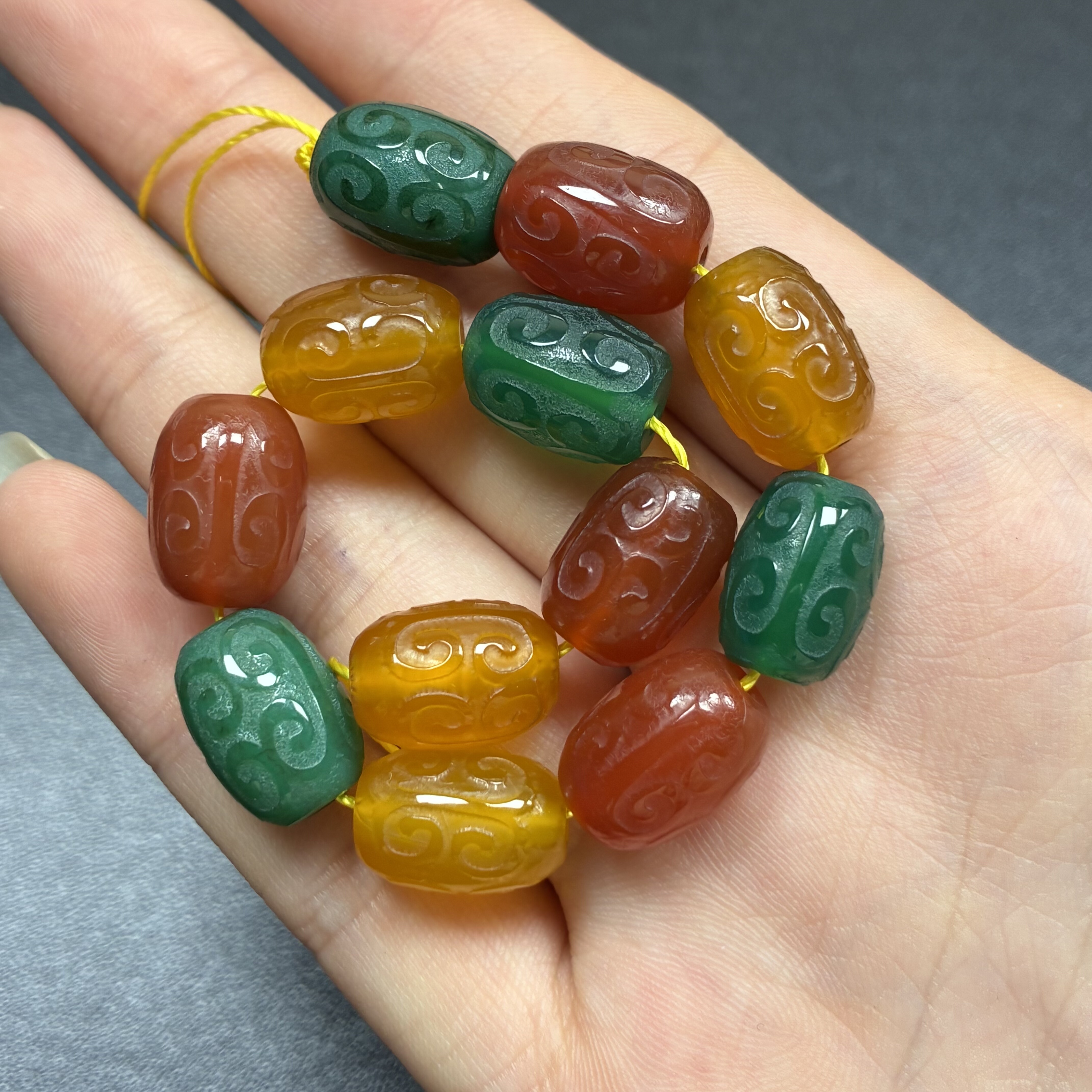 约10*14mm天然玛瑙桶珠回纹盘珠半成品12颗打包孤品一份