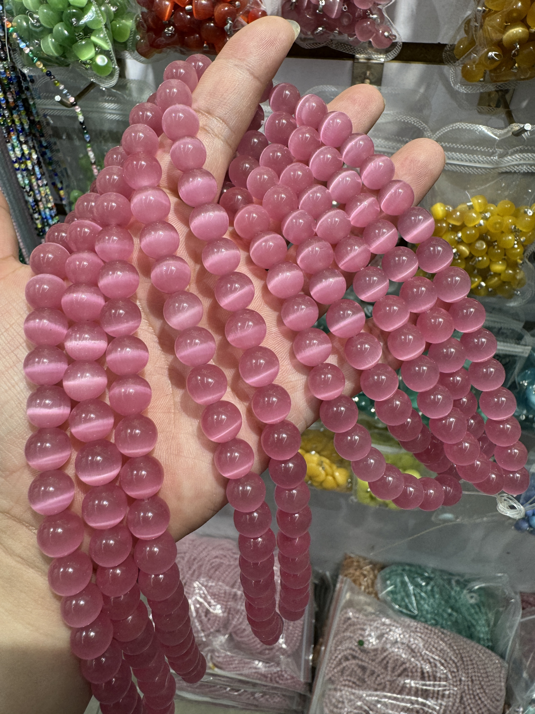 10mm深粉玫红猫眼石圆珠散珠半成品DIY手链巨美稀有色系