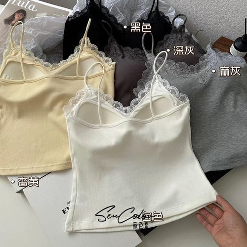 2025春夏新款蕾丝边V领螺纹吊带背心女内搭带胸垫一体杯打底衫