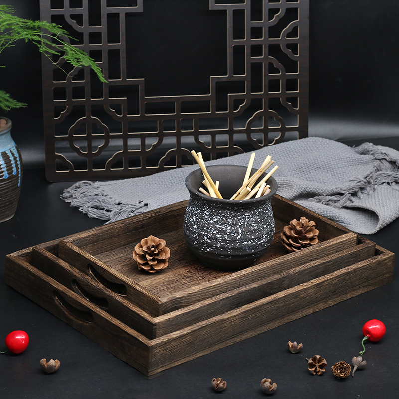 日式长方形酒店咖啡厅托盘烧桐木