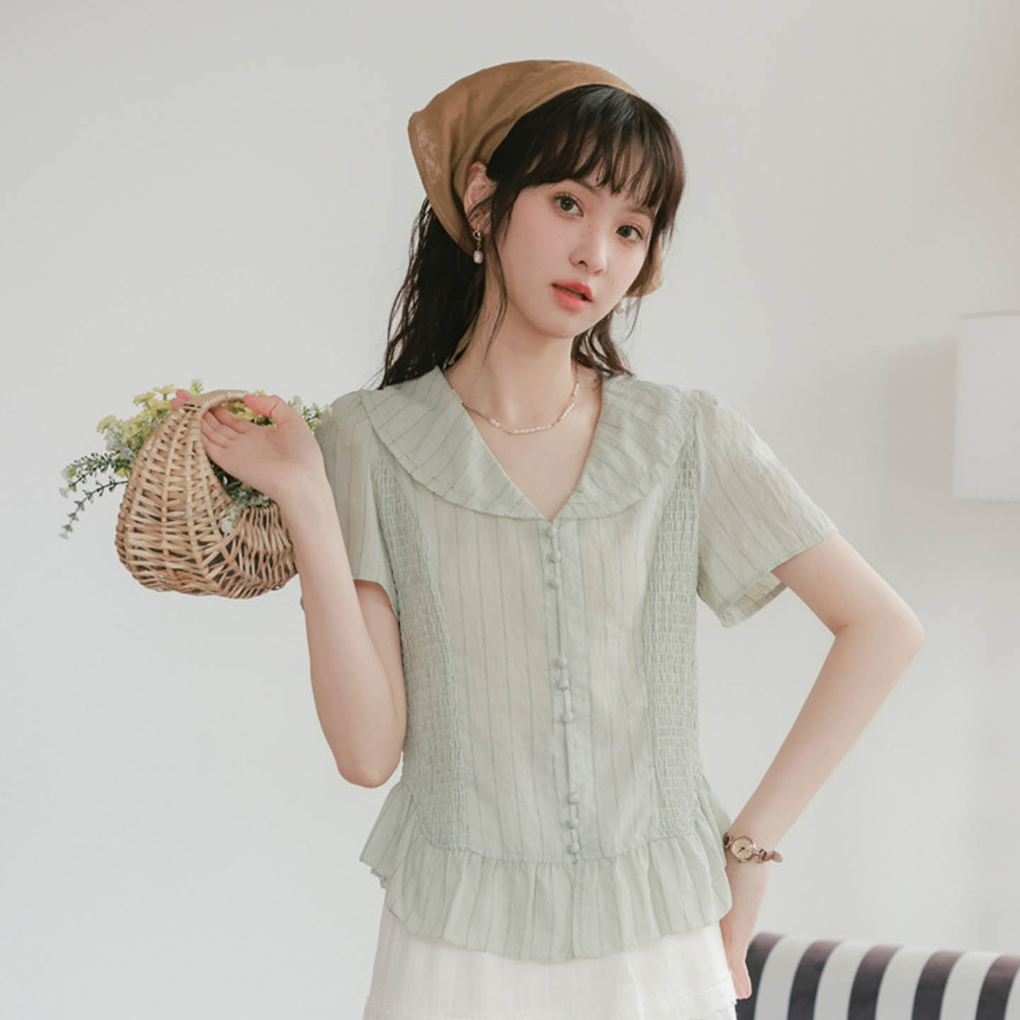 新款夏森系甜美娃娃衫褶皱绿色