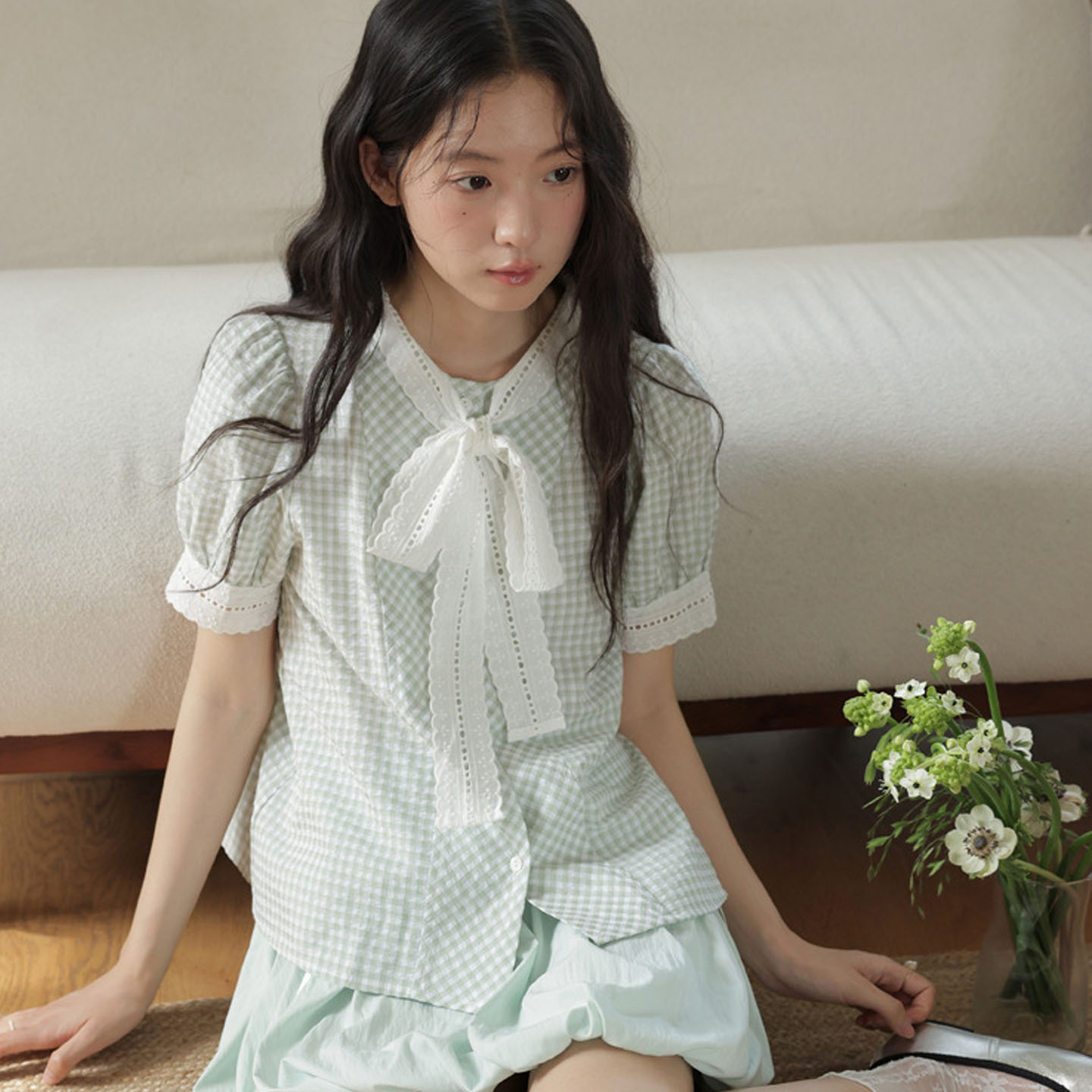 2025新款夏季法式绿色格子短袖衬衫女绑带领宽松显瘦慵懒休闲森女