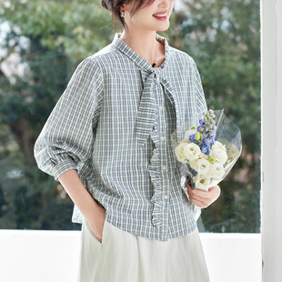 新款春季设计感蓝格子衬衫女蝴蝶结木耳边宽松松弛垂感上衣减龄
