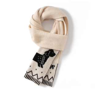 cashmere山羊绒围巾女秋冬小狗提花针织围脖百搭双面加厚男女同款