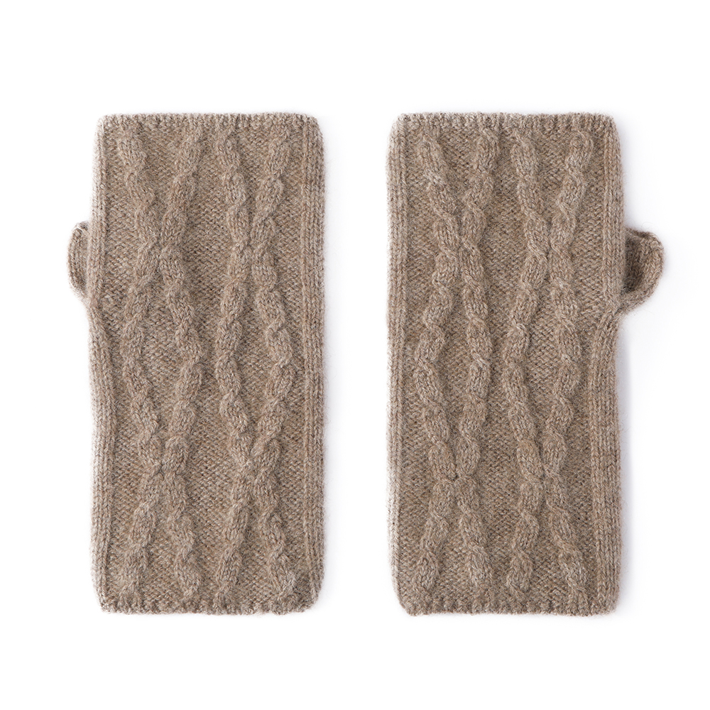 无缝新款山羊绒手套女秋冬季加厚保暖绞花针织露指学生半指手套