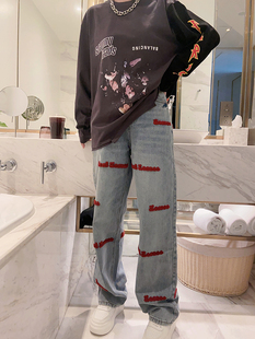 子 女宽松直筒显瘦裤 清仓特价 设计感刺绣字母蓝色牛仔阔腿裤