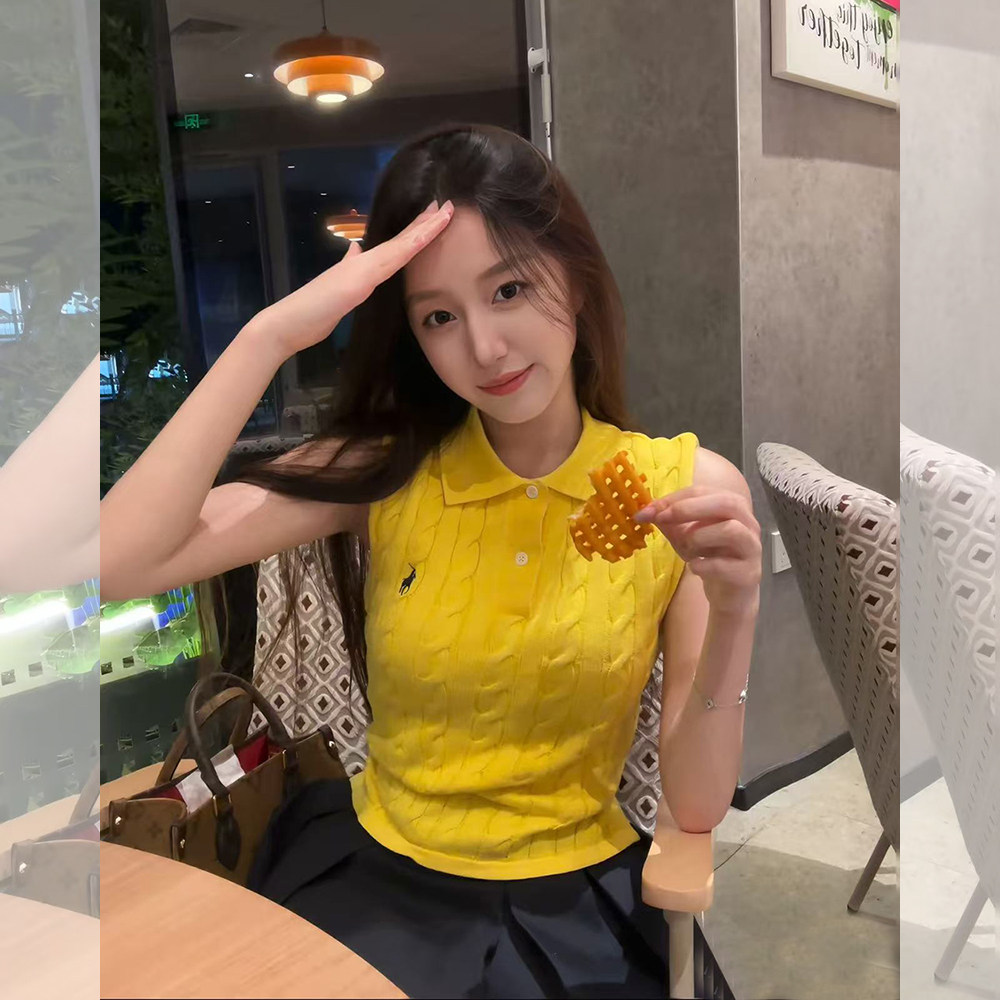 老钱风小马翻领刺绣麻花黄色针织马甲背心女春夏无袖T恤上衣