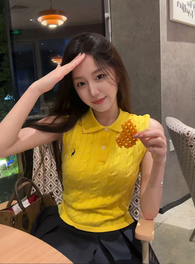 老钱风小马翻领刺绣麻花黄色针织马甲背心女春夏无袖T恤上衣