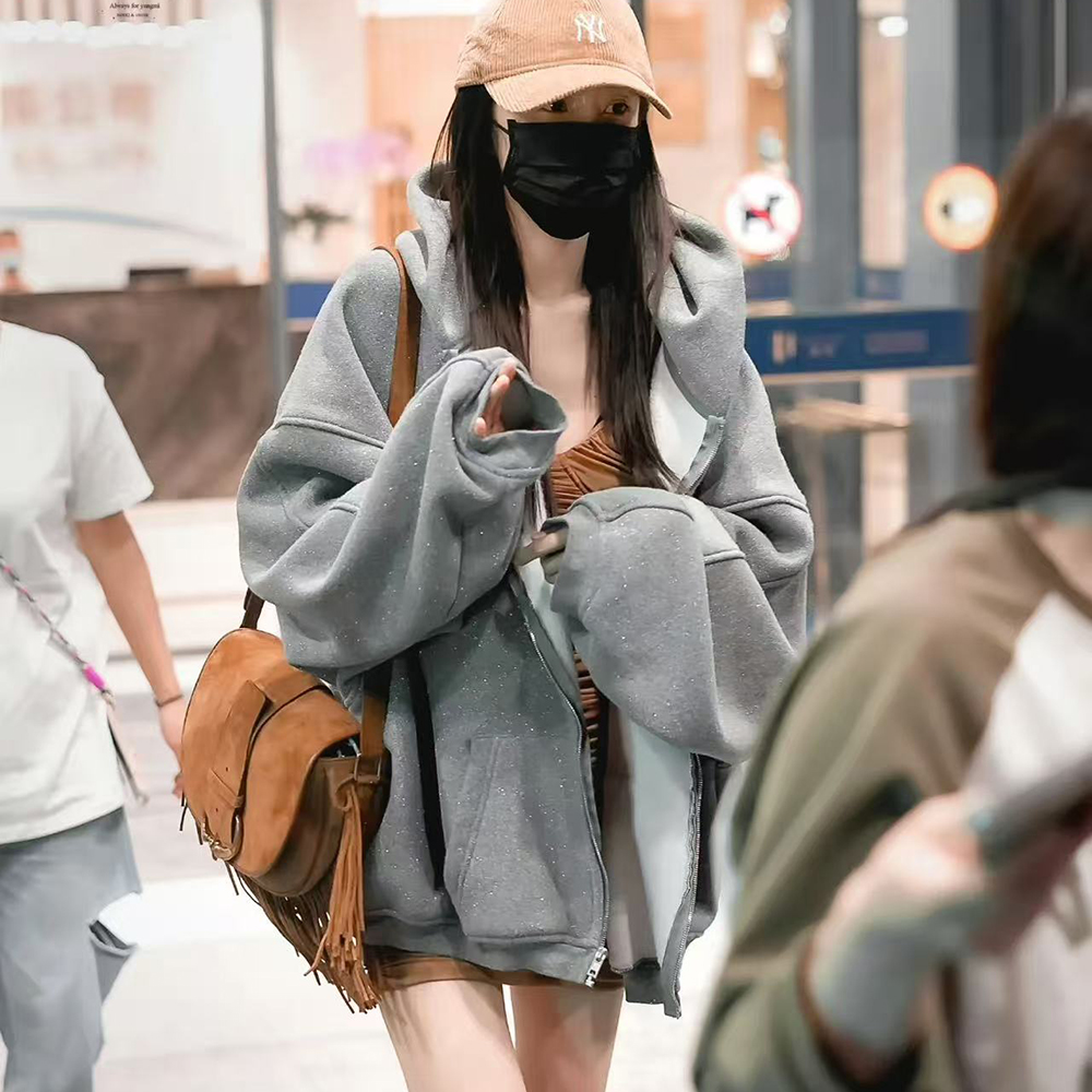 明星同款秋冬加绒保暖大王闪粉外套宽松亮闪闪深灰色连帽开衫卫衣