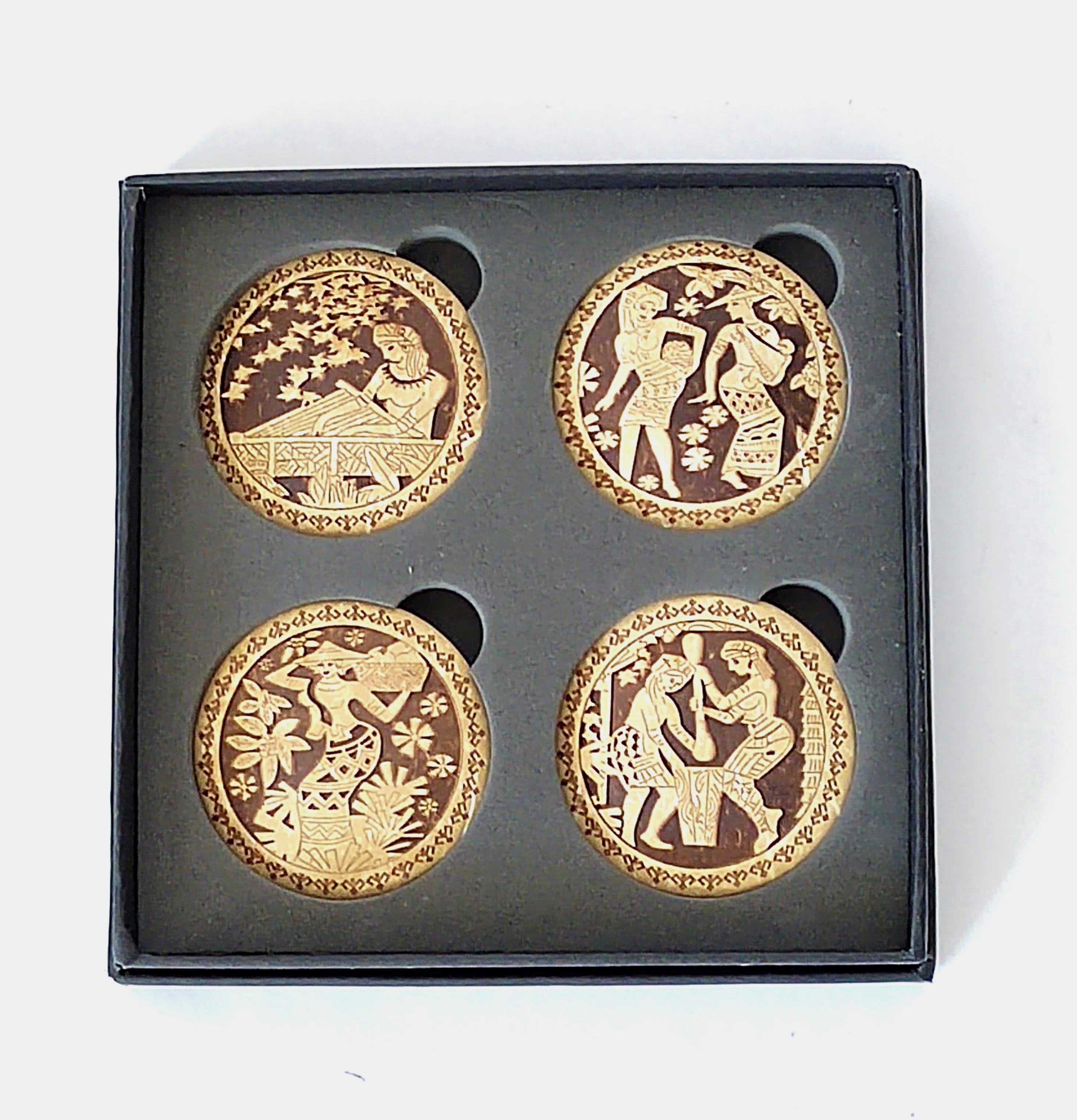 海南椰子壳雕刻摆件四联套装冰箱贴特色非遗椰雕工艺生日礼品原创